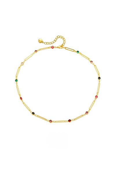 ZARİN JEWELS 18 Ayar Altın Kaplama Renkli Taşlı Ataç Zincir Kolye