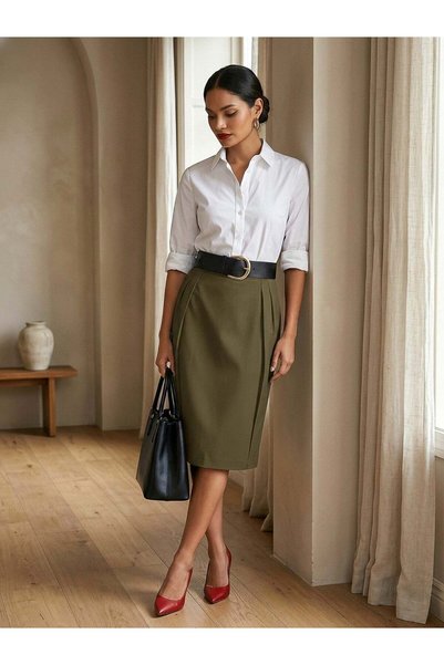 FARREN Women's Khaki Half-Knee Length Skirt – Curve Fit |   Flexible Form |   Relaxed Posture