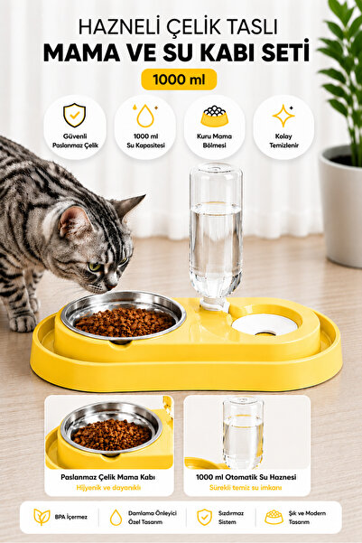 Miapet Hazneli Çelik Taslı Kedi-köpek Mama Ve Su Kabı Seti 1000ml Sarı