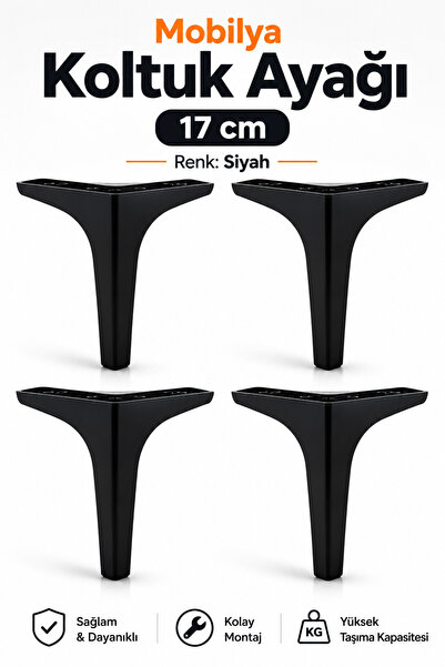 NZB Mobilya Kanepe Sehpa TV Ünitesi Koltuk Ayağı 17 cm Siyah Baza Ayak 4 Adet