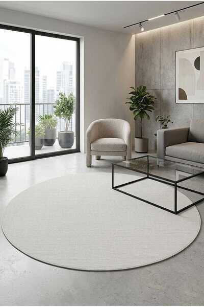 Puff Soft Embossed Plain Color Milano Massage Effective Round Carpet Ml01 Cream