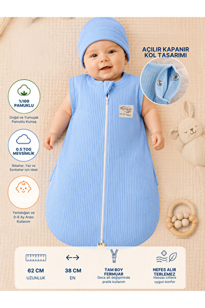Tomuycuk Mavi Erkek Bebek Uyku Tulumu %100 Pamuklu 0-6 Ay Fermuarlı Çıtçıtlı ...