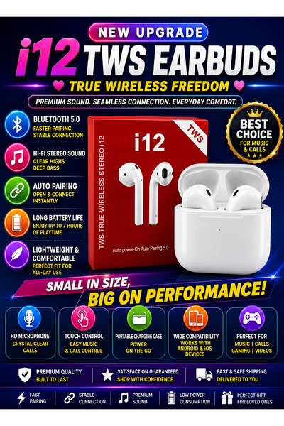 i12 TWS Wireless Bluetooth Earbuds with Charging Case – Bluetooth 5.0 Stereo ...