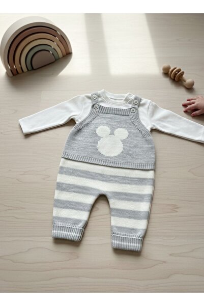 Nio Lua Striped Knitwear Baby Salopet Jumpsuit with Teddy Bear Motif / Gift S...