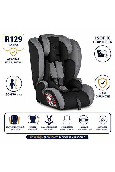 Silver Star Black Grey Car Seat for Children 9-36 kg ISOFIX 76-150 cm, R129 i...
