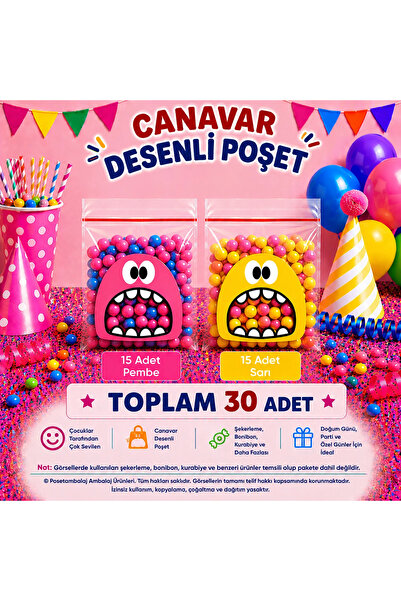 CarpCorn 30 Adet Pembe-Sarı Renkli Canavar Desenli Cake Pop & Kurabiye Poşeti...