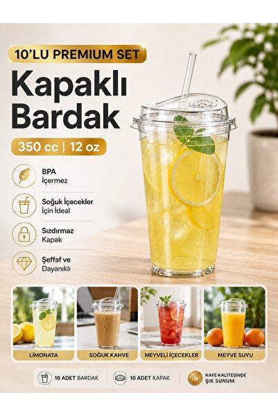 troykar 10'lu 350cc Kilitli Kapaklı Şeffaf PET Bardak BPA içermez Limonata Ka...
