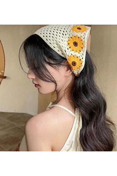 synshop Örgü Üçgen Bandana Sarı Krem Saç Bandı Kadın Genç Kız Çocuk Yazlık Bo...