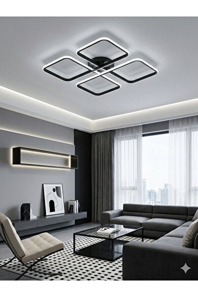 Zeya Lighting Yüksek Aydınlatmalı Kare Siyah Tavan Plafonyer Led avize, 3 Ren...