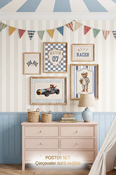 Kids Vintage Yarışcı Ayı temalı Çerçevesiz 5li Set