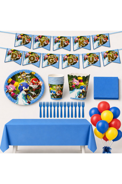 Fillikutum Sonic Temalı 94 Parça 16 Kişilik Doğum Günü Seti Tabak Bardak Balo...