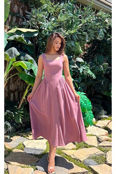 Moda Banuş Φόρεμα από ύφασμα φράουλας με λεπτομέρεια ζώνης, μήκους μίντι, σε ...
