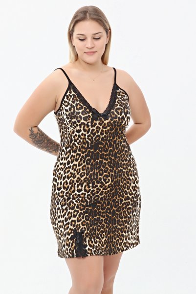 tarzımsüper Women's Large Size Strappy Leopard Patterned Slit Viscose Fabric Lace Above Knee Nightgown