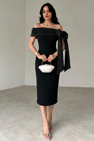 ALFUDO Moda Collection Brianna Siyah Renk Midi Kemerli Elbise