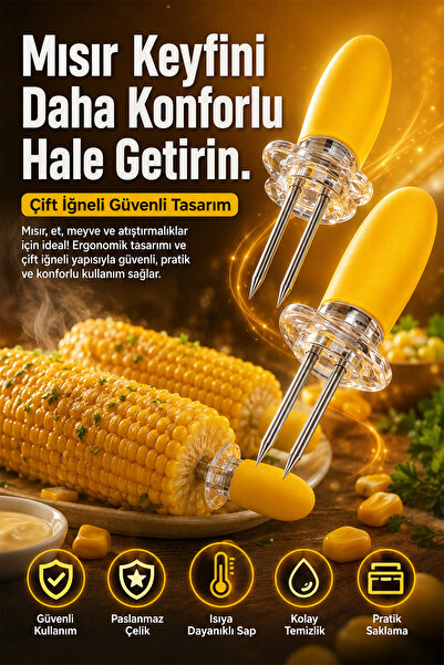 indirimsevinci 2 Adet Mısır Koçanı Tutacağı Çift İğneli Silikon Saplı Çok Amaçlı Barbekü Aksesuarı