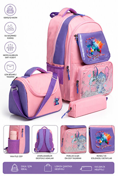 MİECZ BAGS Sevimli Karakter Figürlü Kore Tarzı Süslü Çok Bölmeli İlkokul Besl...