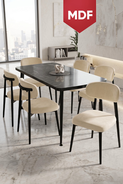 Canisa Runes Serisi MDF Sabit 80x130 Siyah Mermer Desen Mutfak Masası Takımı ...