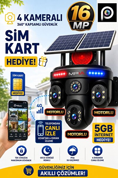 MPIA RENORA 4G 16MP 4 Kameralı ( 3 Motorlu +1 Sabit) Sirenli Çift Solar Panel