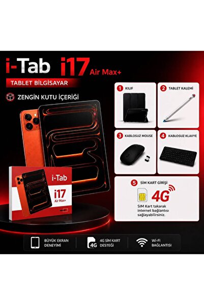 İ-TAB i17 Air Max+ Tablet Bilgisayar + Kılıf + Kalem + Kablosuz Klavye + Kabl...