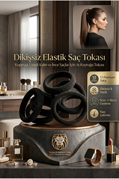 Transformacion 12'li Siyah Elastik Saç Tokası | Kopmaz, Esnek, Dikişsiz Kumaş...