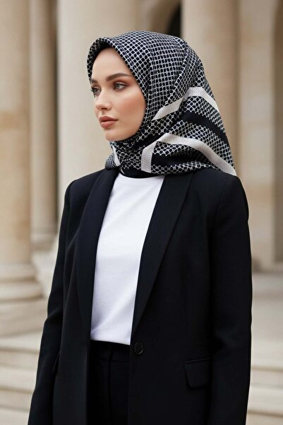 Vissona وشاح حريري Twill منقوش باللون الأسود الكريمي - شكل زراعة مقاس 90 × 90...