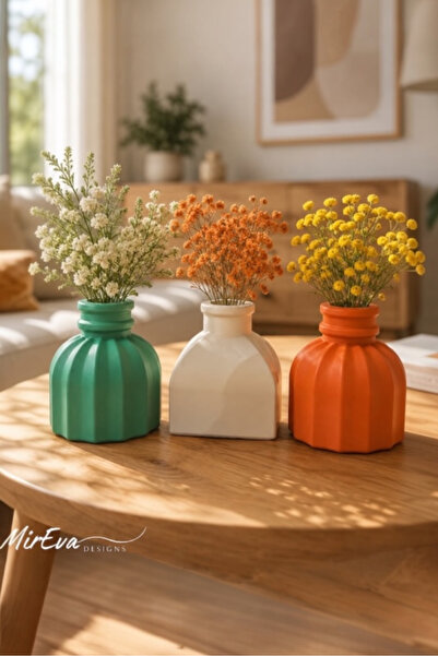 MİREVA 3’lü Renkli Dekoratif Vazo Seti – Seramik Görünümlü Modern Ev, ofis De...