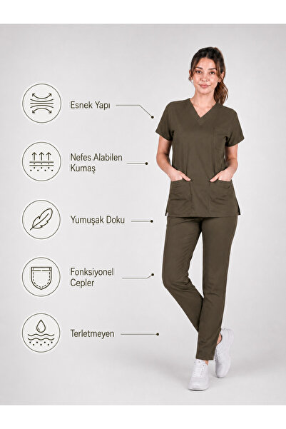 STİLMED Uniform Khaki Nurse and Doctor Uniform Scrubs Set Lycra Bottom Top Un...