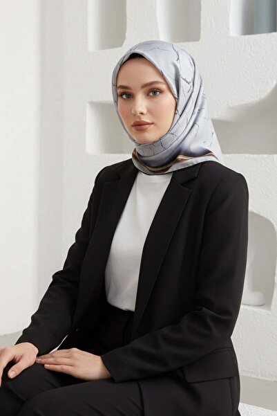 57% SILK 43% VISCOSE Twill Silk Marble Pattern Silver 90x90 Scarf Sewing Shape : Hand Sewing