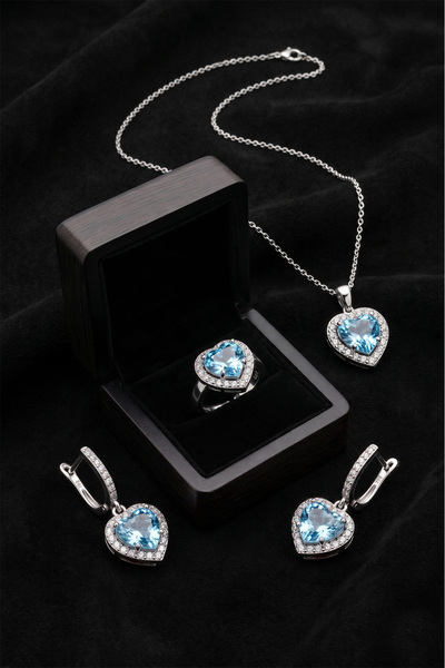 Roza Silver 925 Ayar Akuamarin Taşlı Rodyum Pırlanta Işıltılı Kalp 3'lü Gümüş...
