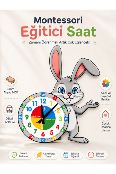 karbonsoft Sevimli Zeki Tavşan Montessori Çocuk Odası Eğitici Ahşap Duvar Saa...