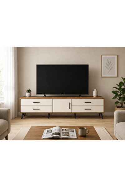 Dienni Hyperion TV Sehpası Raflı 4 Çekmeceli Kapaklı TV Ünitesi 220x44x51