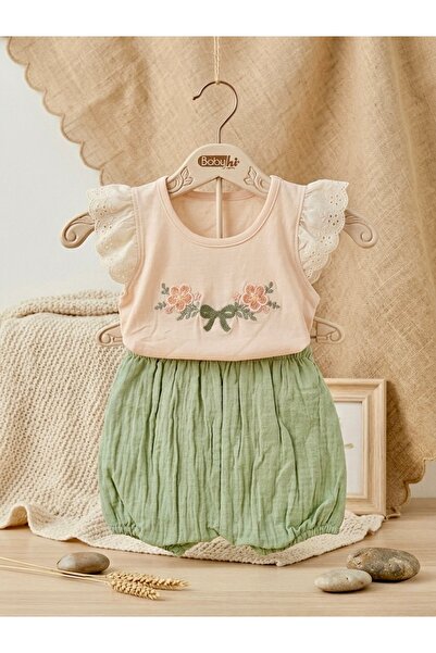 Babyhi my baby Minaze Collection Kız Bebek Fisto Kollu Çiçek Nakışlı Müslin Ş...