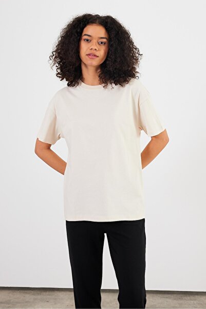 VENA Women's Oversize Comfortable Fit T-Shirt 100% Cotton - Natural