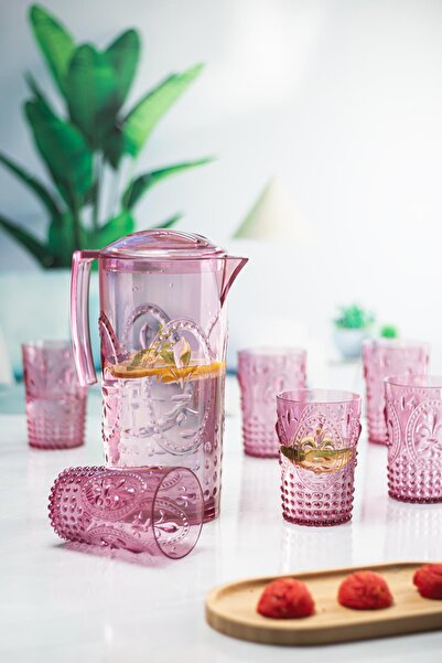 Depa Akrilik Mürdüm Sürahi 2,3 lt Ve 6lı & Su Meşrubat Kahve Yanı Bardağı 400 ml Seti ( Cam Değildir )