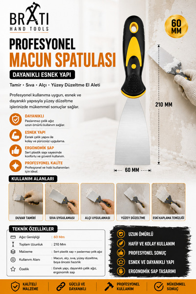 BRATİ HAND TOOLS Profesyonel Macun Spatulası 60 Mm Dayanıklı Esnek Yapı Tamir...