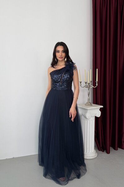 Serica Moda Navy Blue One-Shoulder Sequin Embroidered Puffy Tulle Skirted Eve...