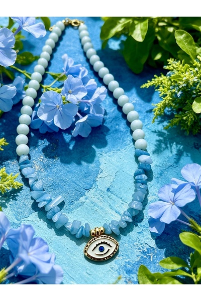 ayoljewelry Ice Blue Evil Eye Detailed Steel Necklace
