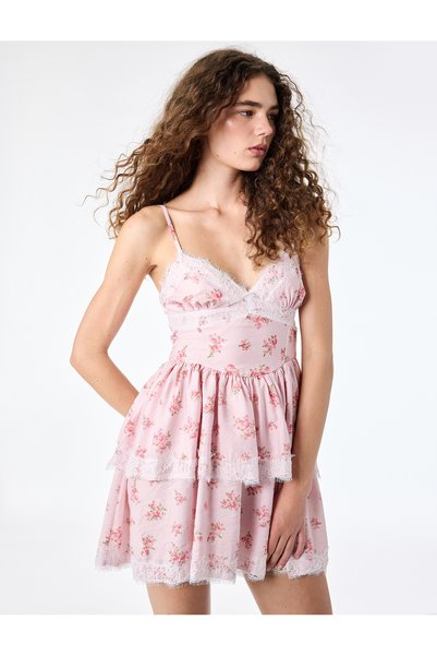 Koton Viscose Fabric Lace Detailed Layered V-Neck Floral Sleeveless Mini Dress