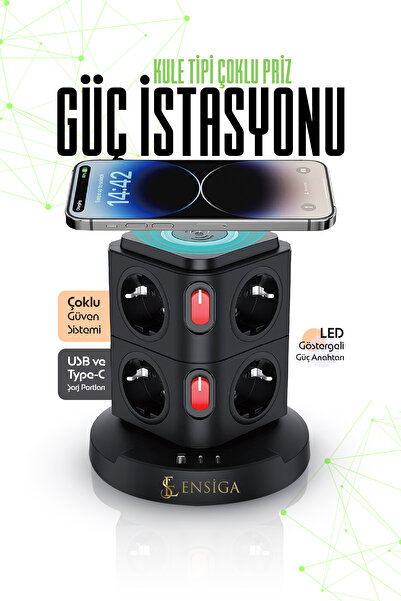 EN SİGA Kule Tipi Çoklu Priz USB ve Type-C Çıkışlı 3680W Akım Korumalı Masaüs...