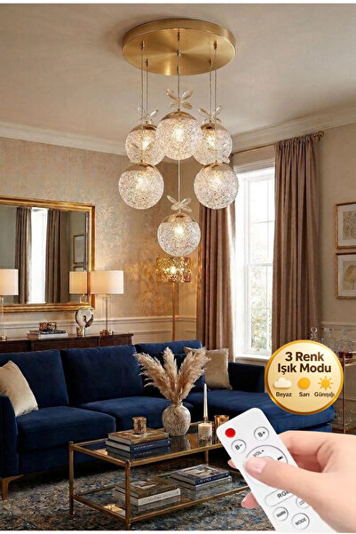 Lüxev Lighting Güneş Model 6"lı Gold 3 Renk Modu Ledli Kristal Taşlı Modern S...