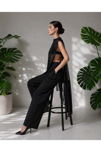 Tuğçe Saray Black Tulle Blouse, See-Through Blouse