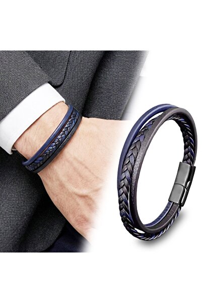 SeyCey.co Navy Blue Black Leather Men's Bracelet – Titanium Steel Magnetic Lo...