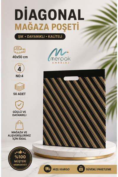 Merpak Ambalaj Çizgili Mağaza Poşeti (NO 4) 50 Adet 40x50 Cm Çizgili Takviyel...