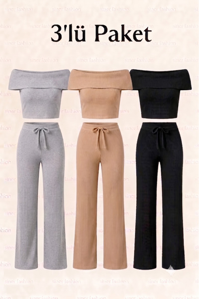 Siner Fashion طقم بلوزة مادونا نسائية مكون من 3 قطع مع بنطلون واسع الساق