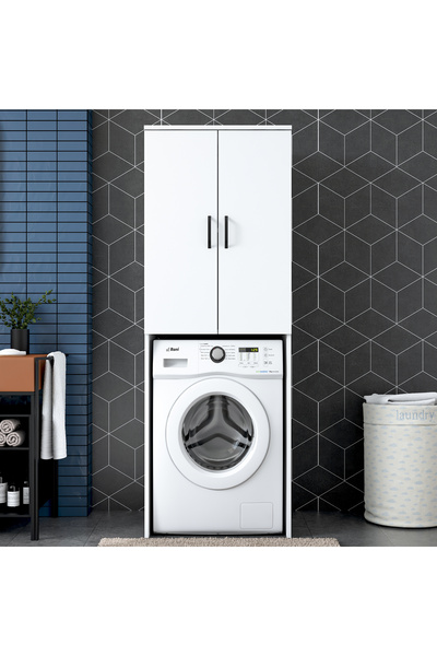 Rani Mobilya Rani KD119 Çamaşır Makinesi Dolabı 2 Kapaklı 2 Raflı Banyo Dolabı Beyaz