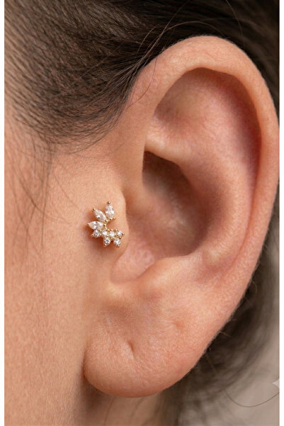 kurukafagift Çelik Piercing Helix Tragus Yarım Ay Zirkon Taşlı 8 mm