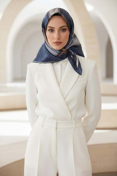 Vissona 100% Twill Geometrik Halka Desenli İndigo - Gri Renkli 90x90 Dikim Şe...