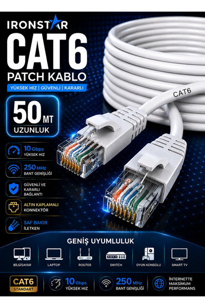 IRONSTAR كابل CAT6 بطول 50 متر، كابل إنترنت بطول 50 متر، كابل توصيل بطول 50 متر