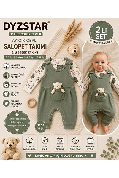 DYZSTAR Nafitto Baby Sage Green Waffle Knit Teddy Bear Salopet and Patterned ...