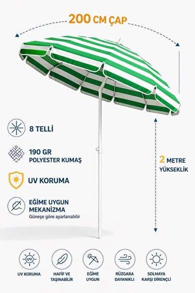 Düvenci 8 Telli 200 Cm Şemsiye, Plaj Bahçe Balkon Şemsiyesi Eğilebilen Şemsiy...